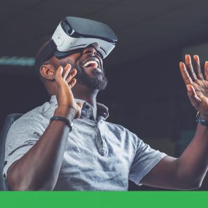 Man playing with virtual reality goggles.