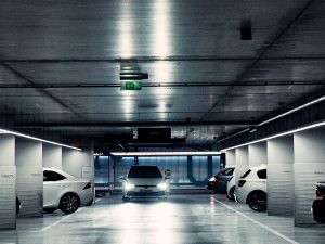 parking garage with signage